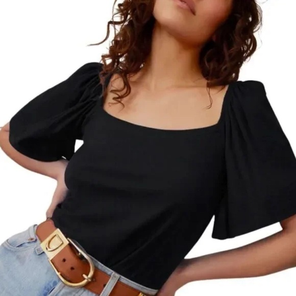 Nation Ltd Jayden Flutter Sleeve Pima Cotton Black Blouse, size Large - Picture 1 of 10